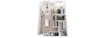 A floor plan of a small apartment with a living room, kitchen, and bathroom.