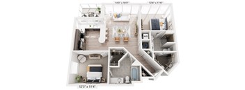 A 3D floor plan of a house with a living room, kitchen, and bathroom.