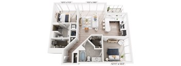 A floor plan of a two-story house with a living room, kitchen, and two bedrooms.