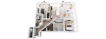 A floor plan of a two-bedroom apartment with a living room, kitchen, and bathroom.