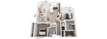 A floor plan of a small apartment with a kitchen, living room, and bathroom.