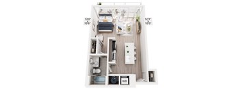 A top-down view of a small apartment with dimensions labeled.