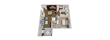 A top down view of a living room, kitchen, and dining area.