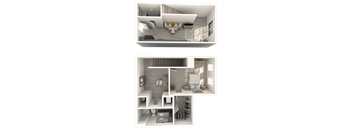 A 3D floor plan of a house with a living room, kitchen, and bathroom.