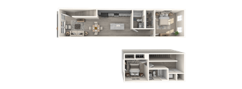 A 3D floor plan of a house with a living room, kitchen, and bedrooms.