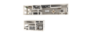 A 3D model of a house with two floors, a living room, kitchen, and bathroom on the first floor, and a bedroom, bathroom, and kitchen on the second floor.