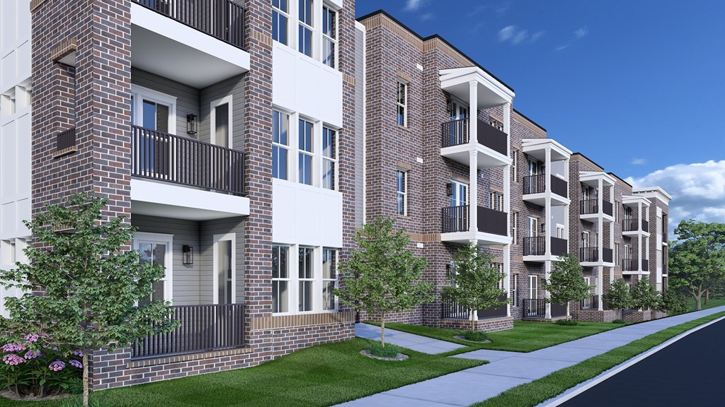 Nashville, TN Luxury Apartments with In-Unit Washer and Dryer - Crest at Stones Branch - Street View of Property Highlighting Concrete Pathway, Manicured Front Lawn, and Private Patios and Balconies.
