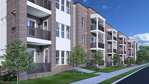 A row of modern apartment buildings with balconies and windows.