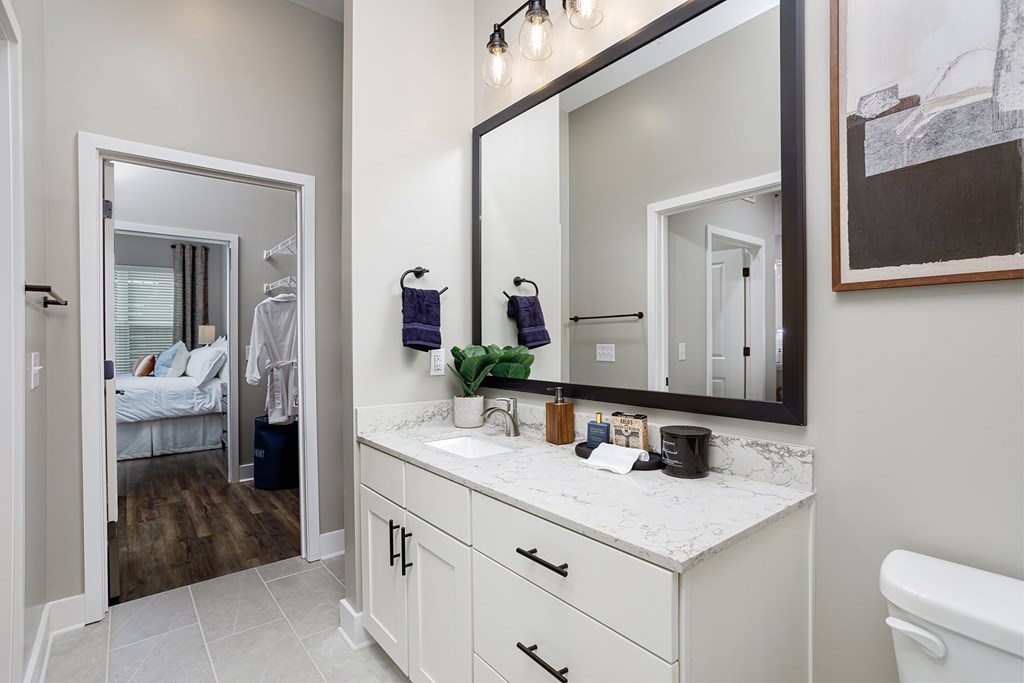 A bathroom with a white vanity and a large mirror.