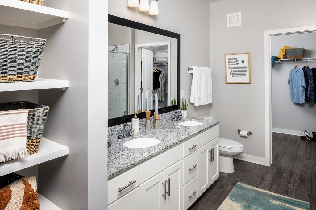 a bathroom with two sinks and a mirror and a toilet