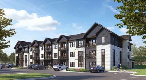 a rendering of a three story apartment building with cars on a street