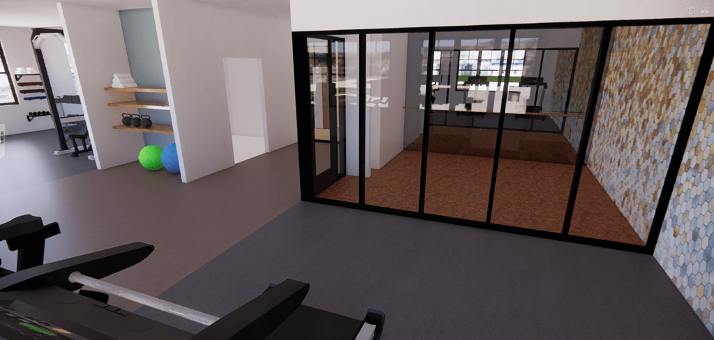 a room with a mirror and a gym with exercise equipment