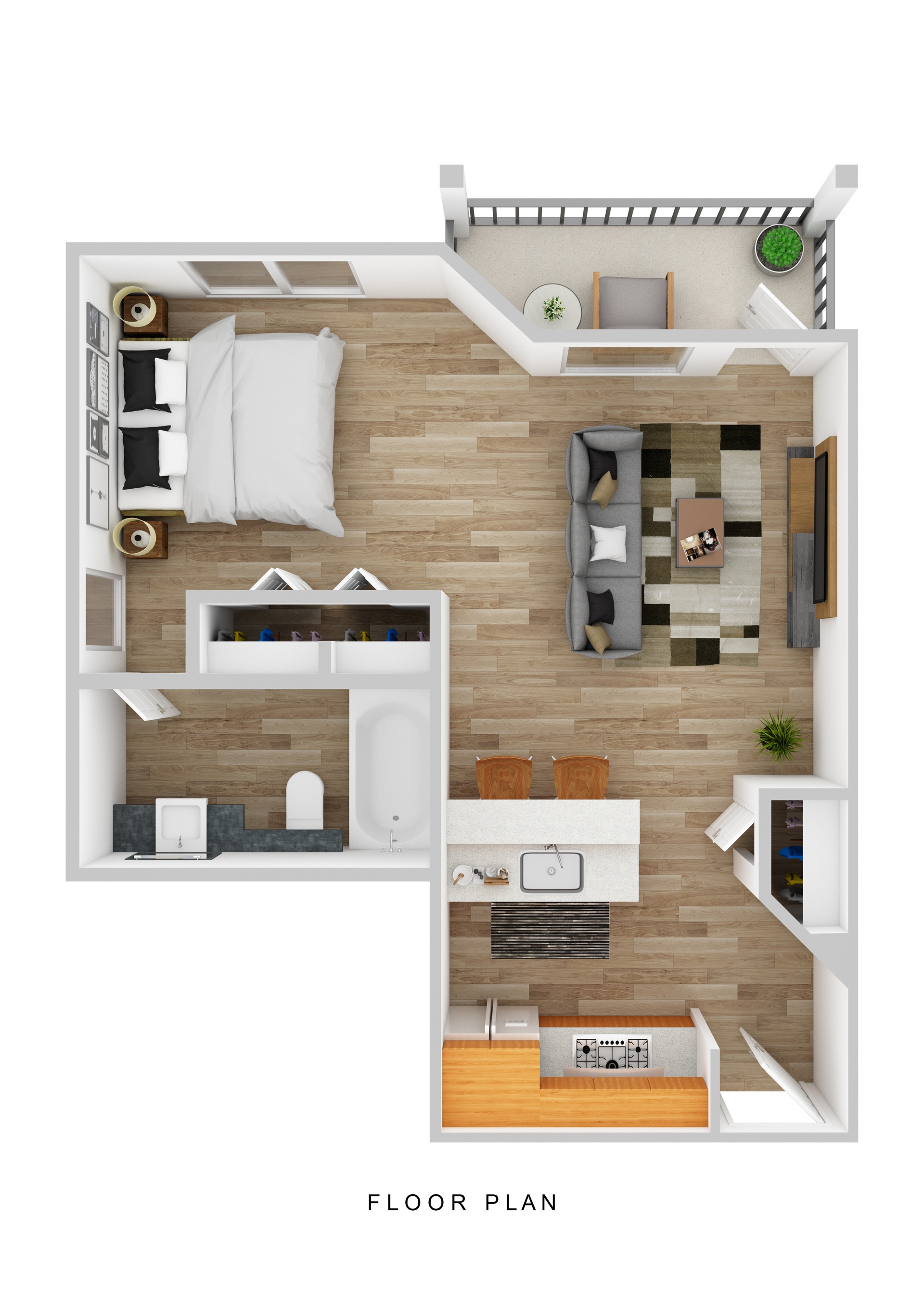 A floor plan of a small apartment with a kitchen, living room, and bedroom.