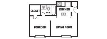 A floor plan of a room with a bedroom, living room, kitchen, and closet.