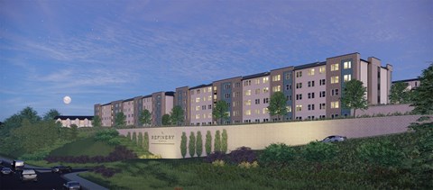 a rendering of an apartment building with a moon in the sky