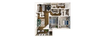 A top down view of a house layout with a kitchen, living room, and bathroom.