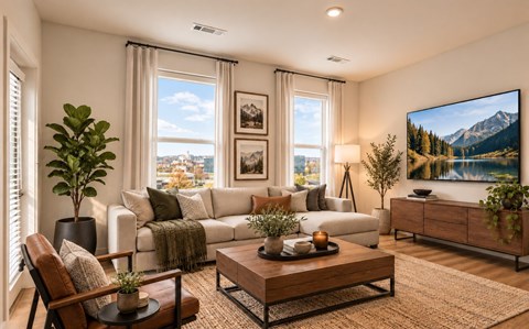 A living room with a large couch, a coffee table, and a flat-screen TV mounted on the wall.