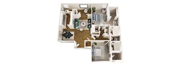 A top down view of a house interior with a kitchen, living room, and bedrooms.