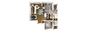 A top-down view of a small apartment with a kitchen, living room, and bathroom.
