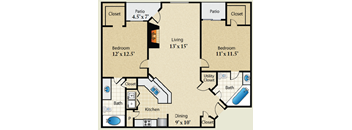 A floor plan of a two bedroom apartment with a living area, kitchen, and bathroom.