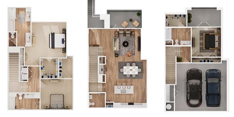 a 3d rendering of a floor plan with a car and a balcony