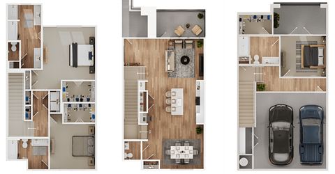 three different views of a house with different floor plans