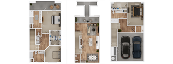 three dimensional layouts of a house and a car in a floor plan