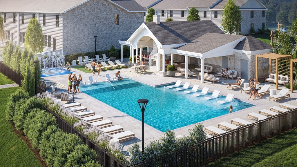 A large outdoor swimming pool with people in it and a white gazebo.