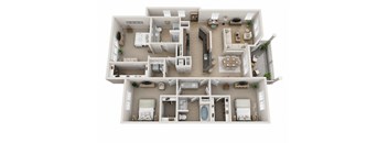 A 3D floor plan of a house with multiple rooms and furniture.