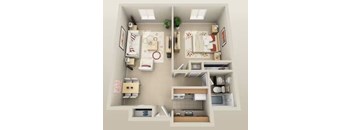 A top-down view of a small apartment with a kitchen, living room, and bathroom.