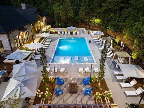 Acworth, GA, 2-Bedroom Apartment Near Kennesaw State University - The Brookstone Apartments - Swimming Pool With Lounge Seating, Shaded Cabanas, Fire Pit Area, And Landscaped Courtyard.