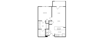 an illustration of a 1 bedroom floor plan with a bathroom and a kitchen