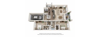 A 3D floor plan of a house with a living room, kitchen, and two bedrooms.