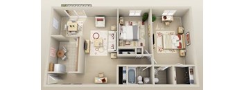A dollhouse with a kitchen, living room, and bathroom.