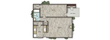 A floor plan of a house with a living room, kitchen, bathroom, and bedroom.