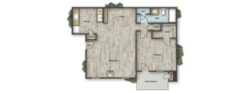 A floor plan of a house with a living room, dining room, kitchen, bathroom, and bedroom.