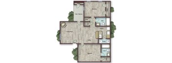 A floor plan of a house with a living room, dining room, kitchen, two bedrooms, a bathroom, and a storage area.