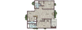 A floor plan of a house with a living room, dining room, kitchen, two bedrooms, a bathroom, and a storage area.