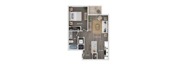 A floor plan of a house showing a bedroom, bathroom, living room, kitchen, and entry.