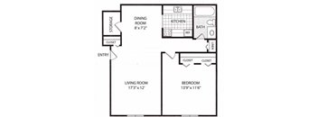 A floor plan of a small apartment with a living room, bedroom, kitchen, and bathroom.