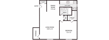 A floor plan of a small apartment with a living room, dining room, kitchen, and two bedrooms.