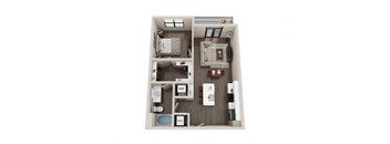 simulated floor plan of a 3d furnished apartment with bedroom and living room