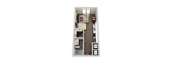 a floor plan of a studio apartment with a bedroom and kitchen