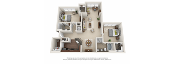 A 3D floor plan of a house with multiple rooms and furniture.