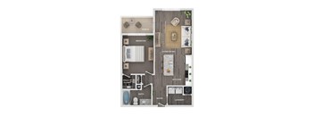 A floor plan of a house with a porch, bedroom, living room, kitchen, bath, entry, and laundry.