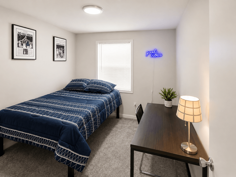 A bedroom with a bed, desk, and chair.
