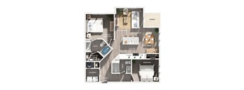 A floor plan of a house with a primary bedroom, living room, dining room, kitchen, and bathrooms.