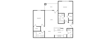 a drawing of a 1 bedroom floor plan with a bathroom and a living room