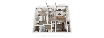 A 3D floor plan of a small apartment with a kitchen, living room, and bathroom.
