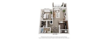 A 3D floor plan of a small apartment with a kitchen, living room, and bathroom.